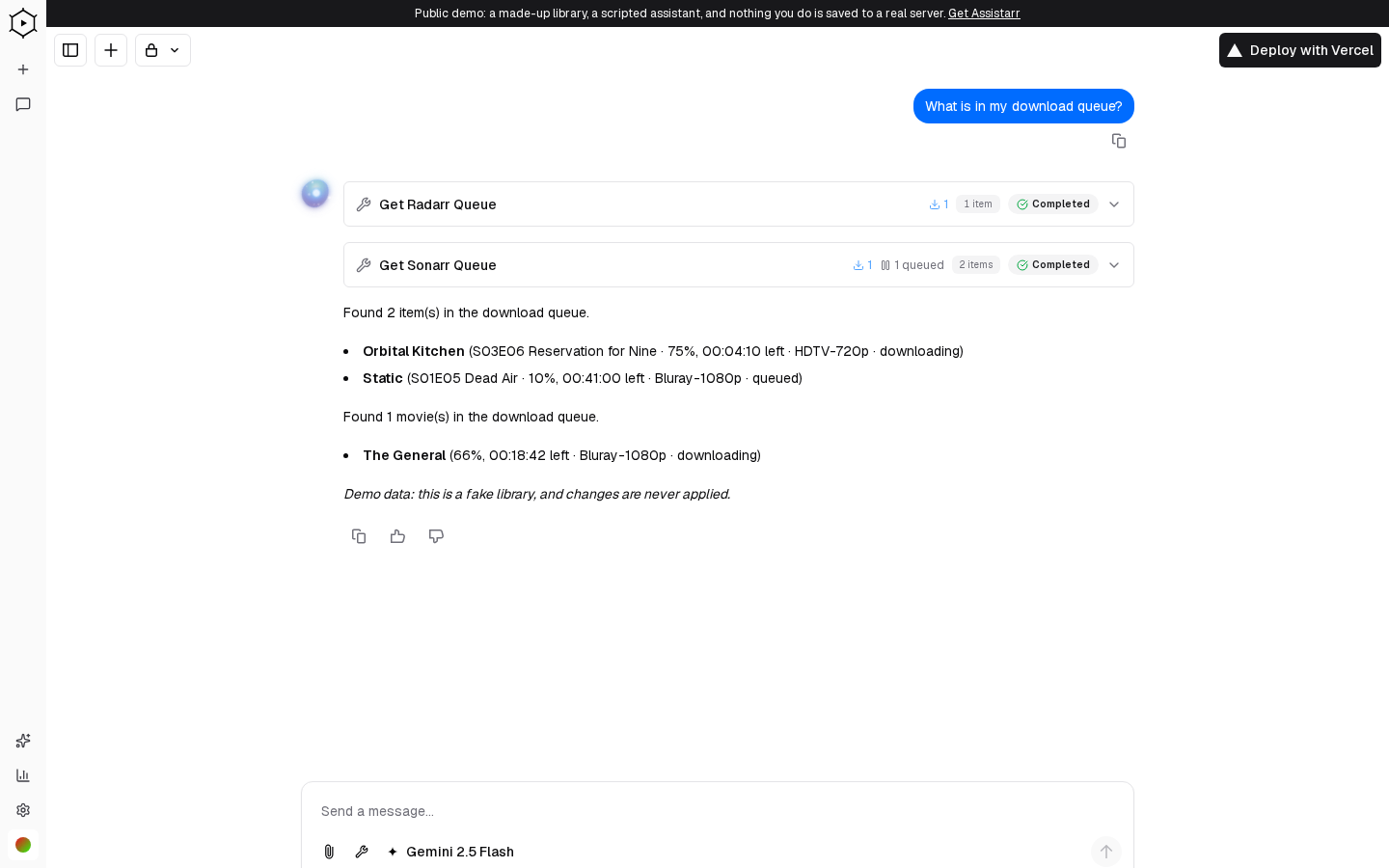 Assistarr chat answering a download-queue question with Radarr and Sonarr tool calls