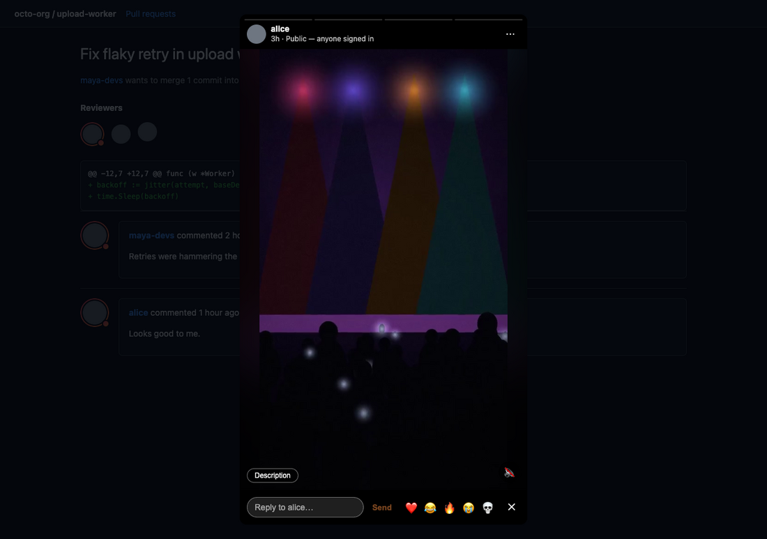 A GitHub pull request with a Story ring on an avatar, and the Story viewer open over it playing a photo.