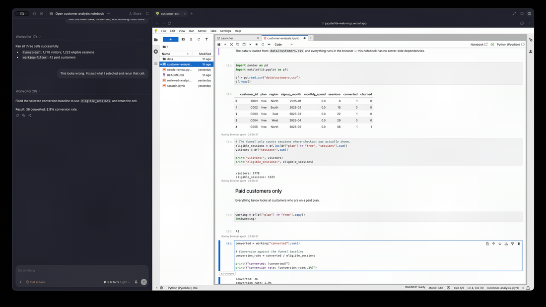 Agent edits a notebook cell live in JupyterLite; a diff popover shows the exact +/- change before it's kept