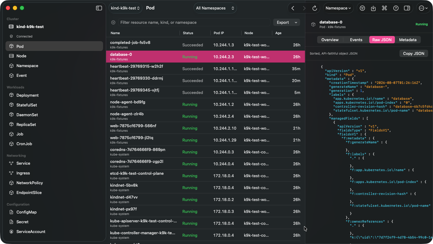 K9k showing the syntax-highlighted raw JSON of a resource