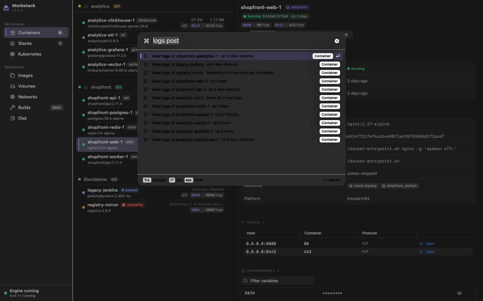 The Morbstack command palette in dark mode, showing a searchable list of containers, images, and actions.