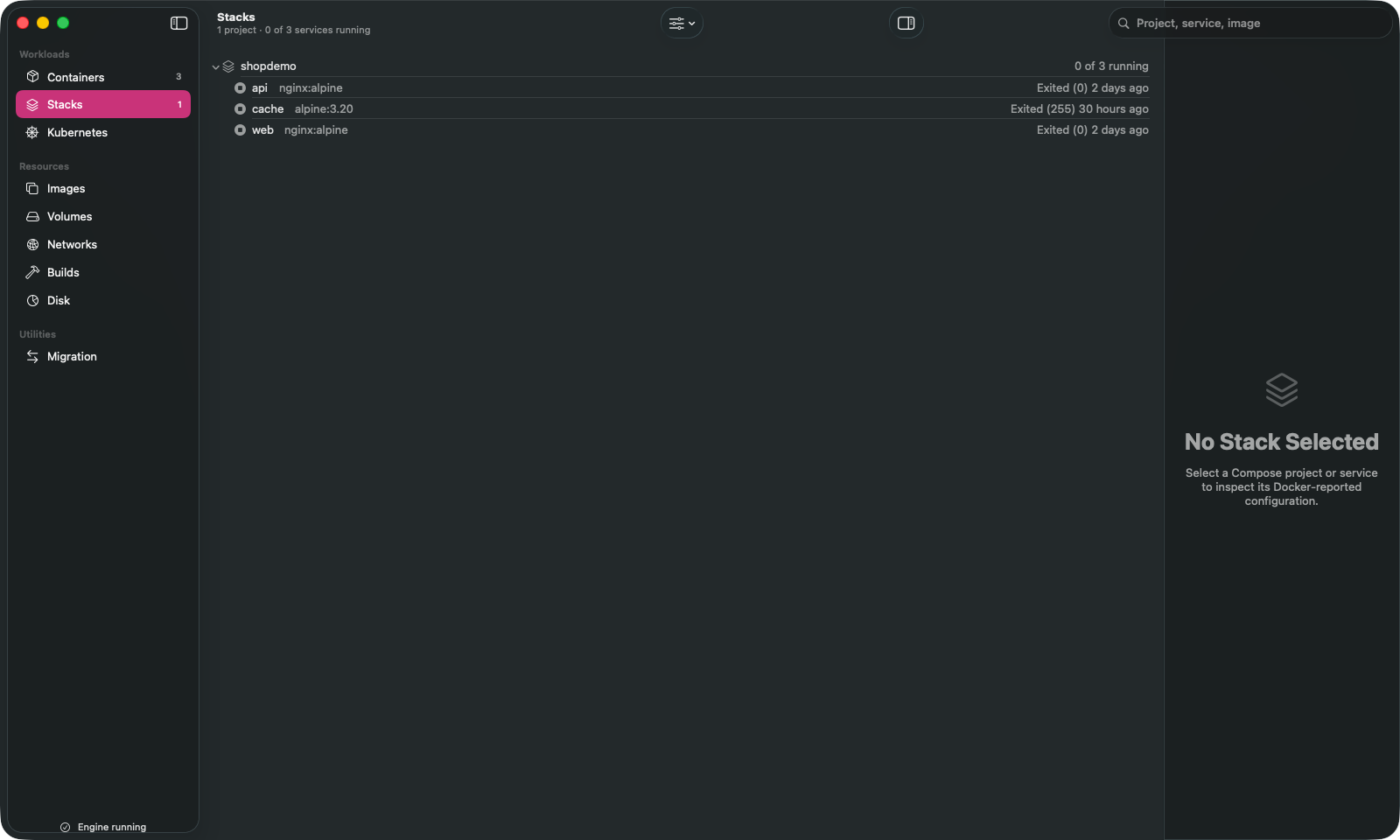 The Morbstack containers list in dark mode, showing running and stopped containers with status, image, and port columns.