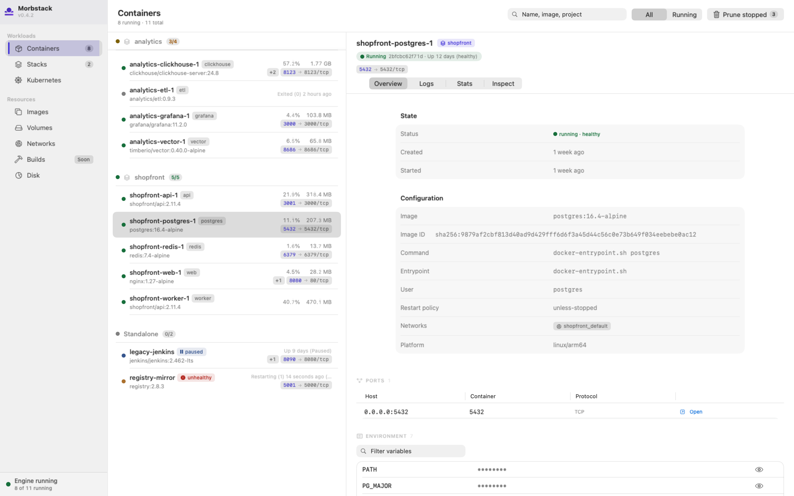 The Morbstack containers list in light mode, showing running and stopped containers with status, image, and port columns.
