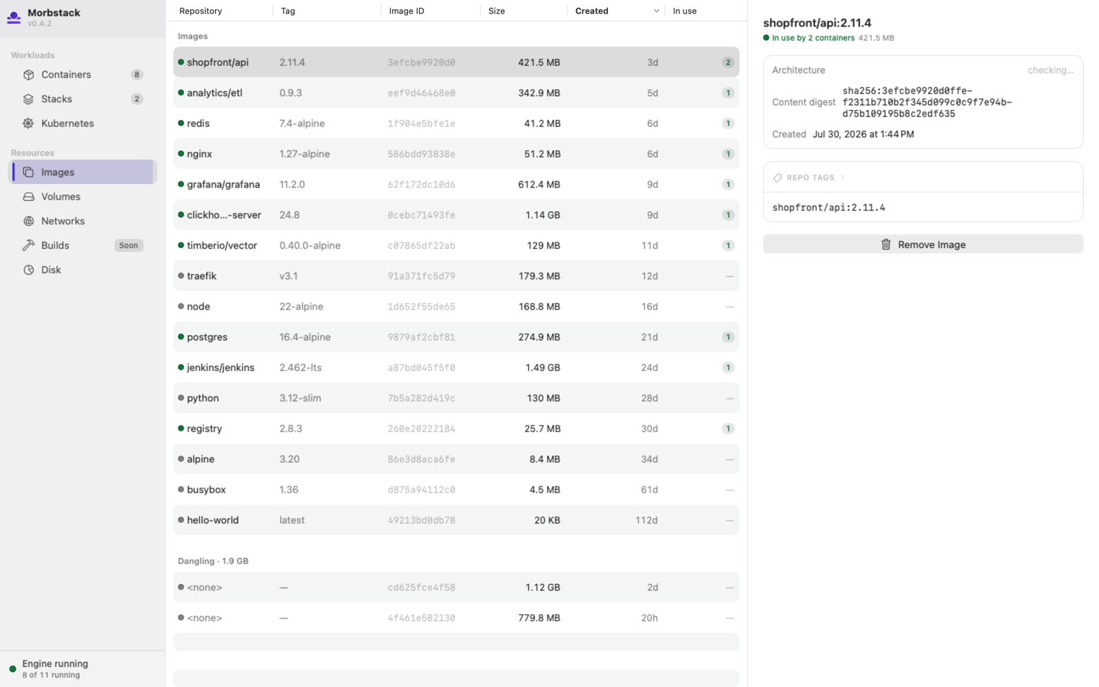 The Morbstack Images screen, listing pulled images with repository, tag, size, and created-date columns.