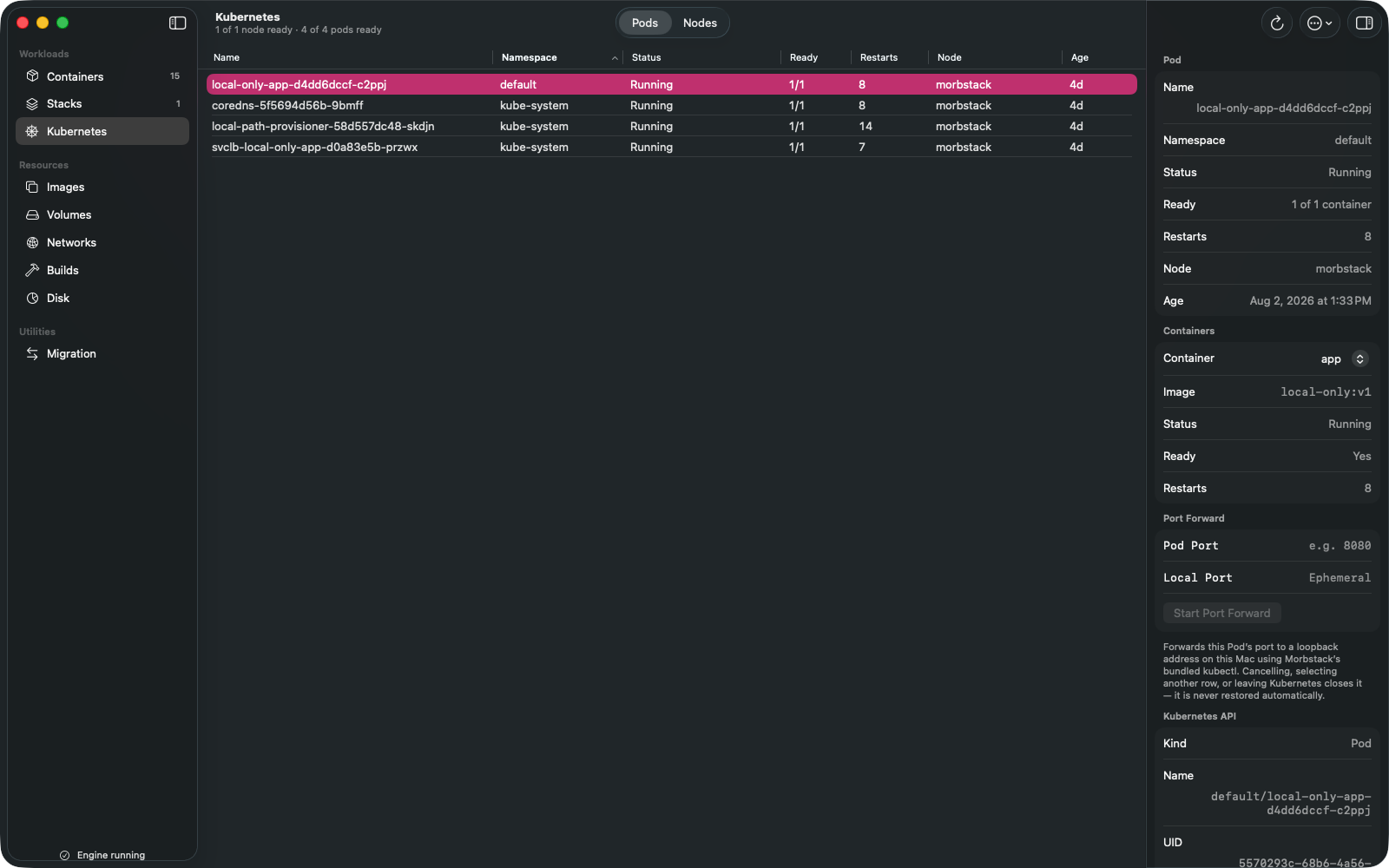The Morbstack Kubernetes screen in dark mode, showing the local morb k8s cluster node status and its pods with namespace, ready, restarts, node, and age columns.