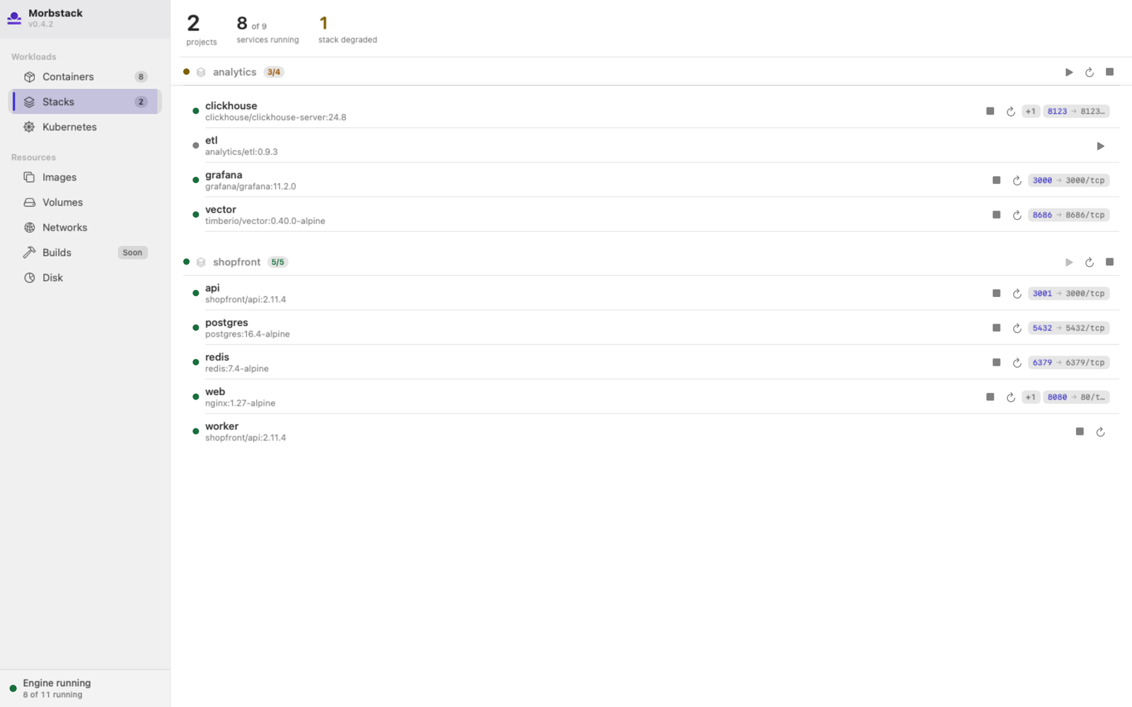 The Morbstack Stacks screen, showing a Compose project's services grouped together with their individual container states.