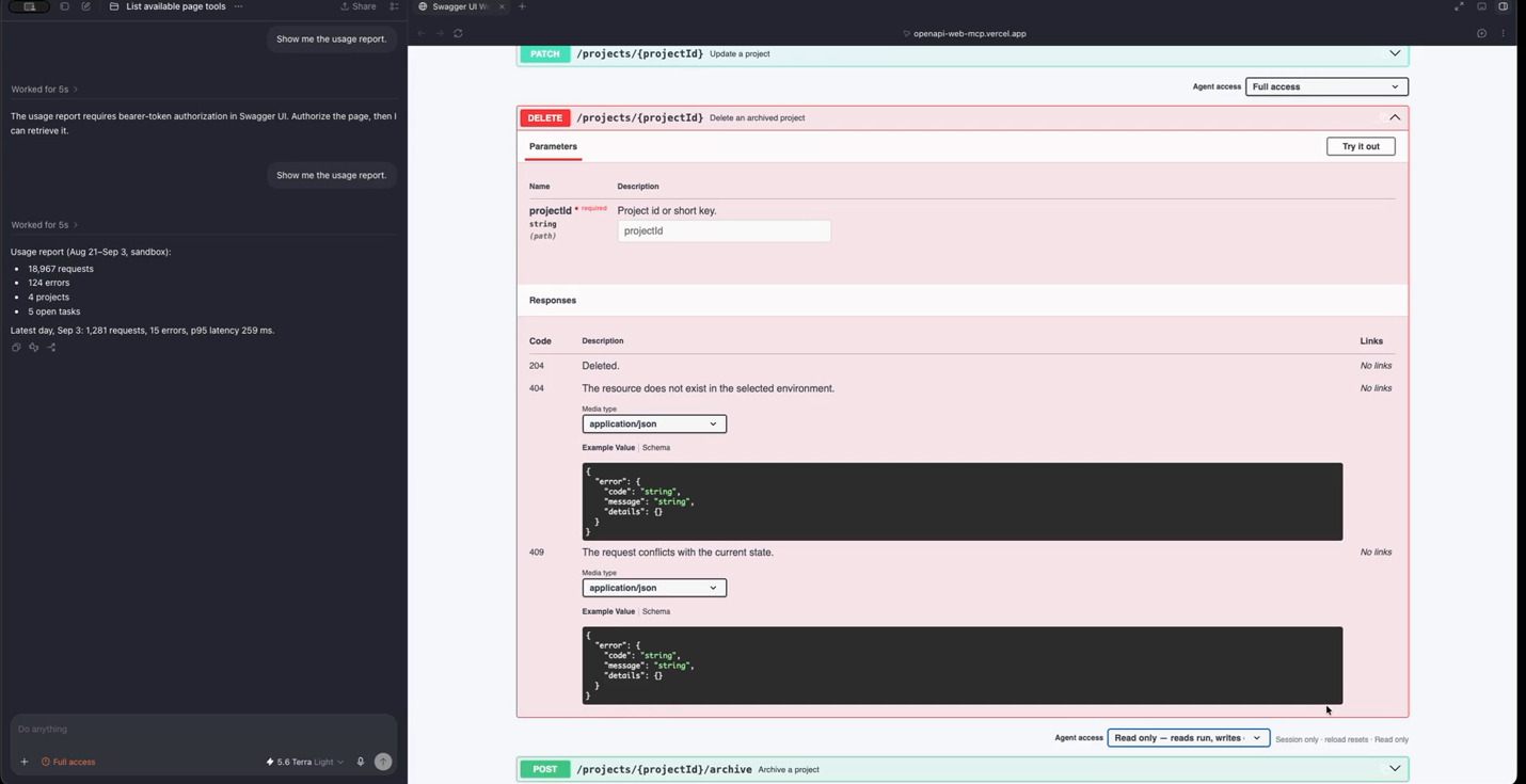 Swagger UI operation panel for DELETE /projects/{projectId} with an Agent access dropdown set to Read only, next to the Try it out button.