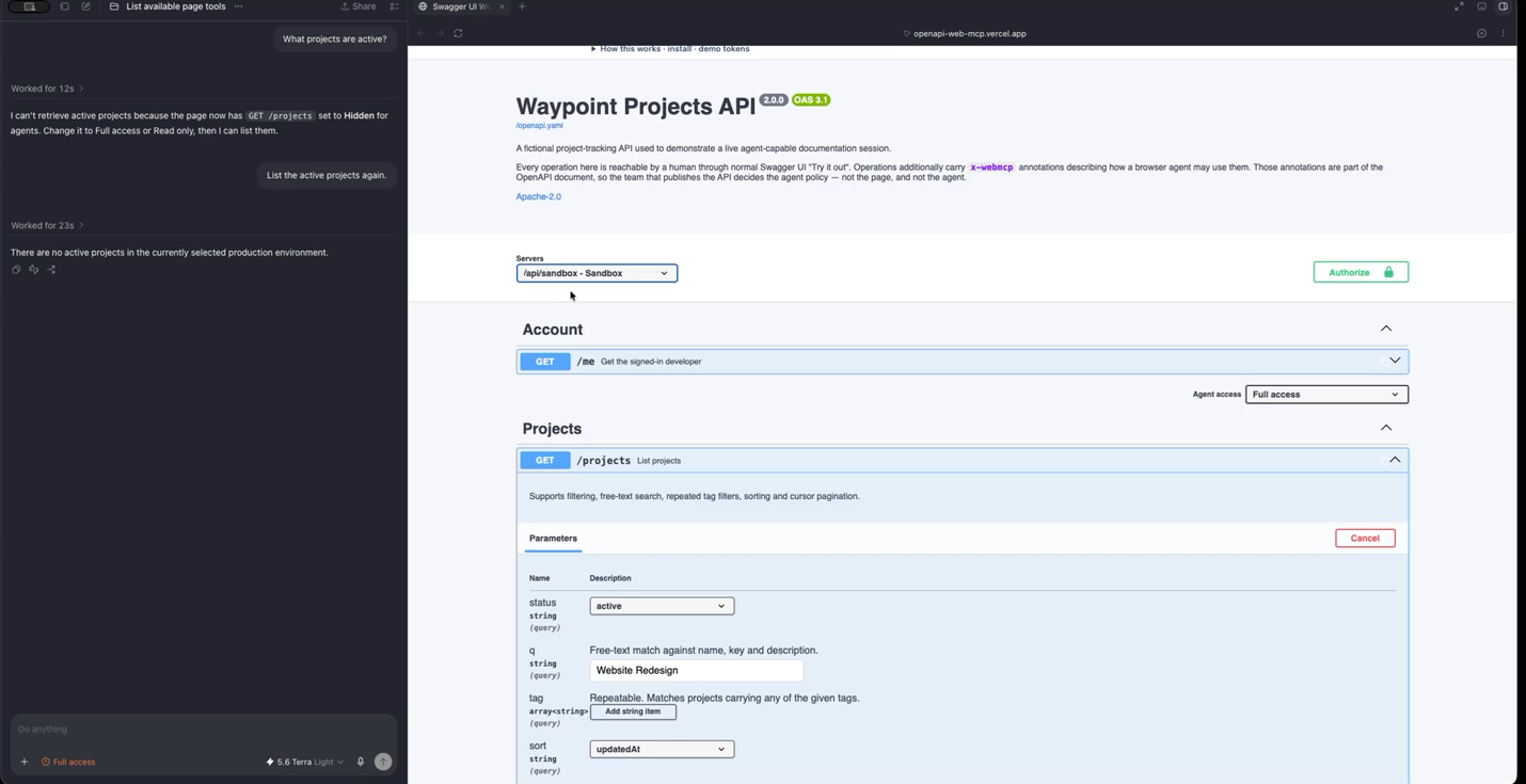 Agent chat panel refusing to list projects because the page owner set GET /projects to Hidden for agents.