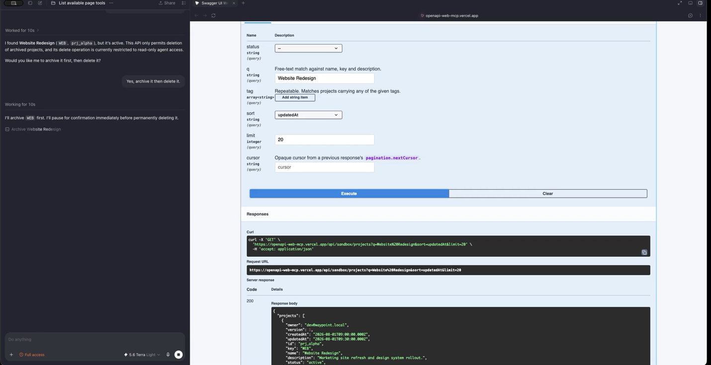 Agent chat panel proposing an archive-then-delete plan and pausing for confirmation, next to Swagger UI's response panel.
