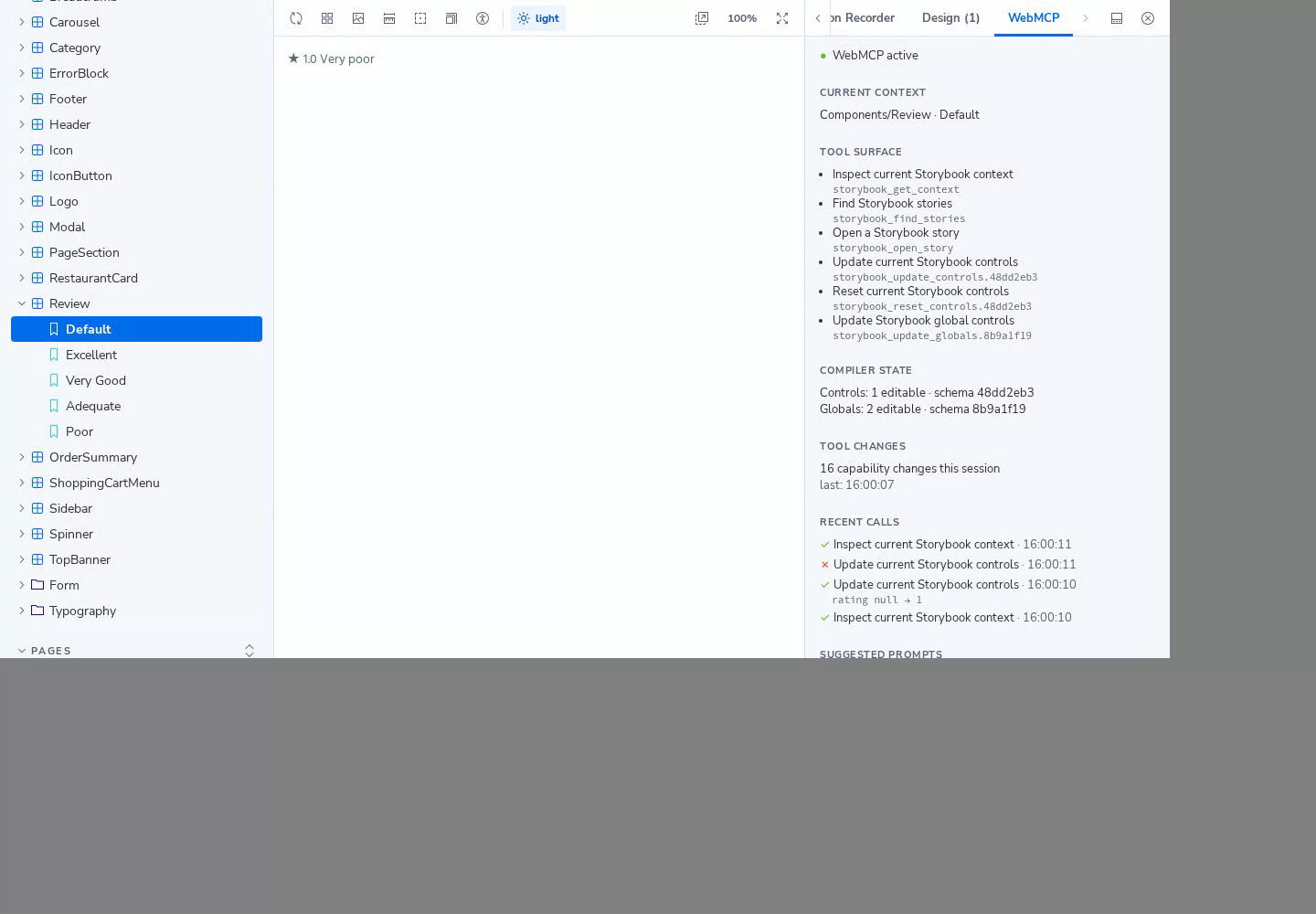 Storybook with the WebMCP panel open on Components / Review / Default, listing the six tools, compiler state and recent calls.